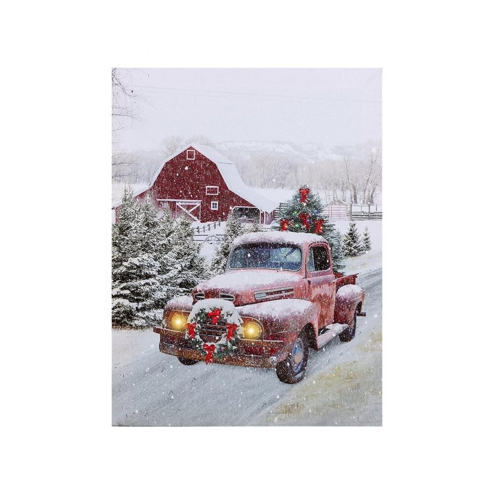 Red Truck Barn House and Christmas Tree Unframed Canvas Wall Art  24" X 32"